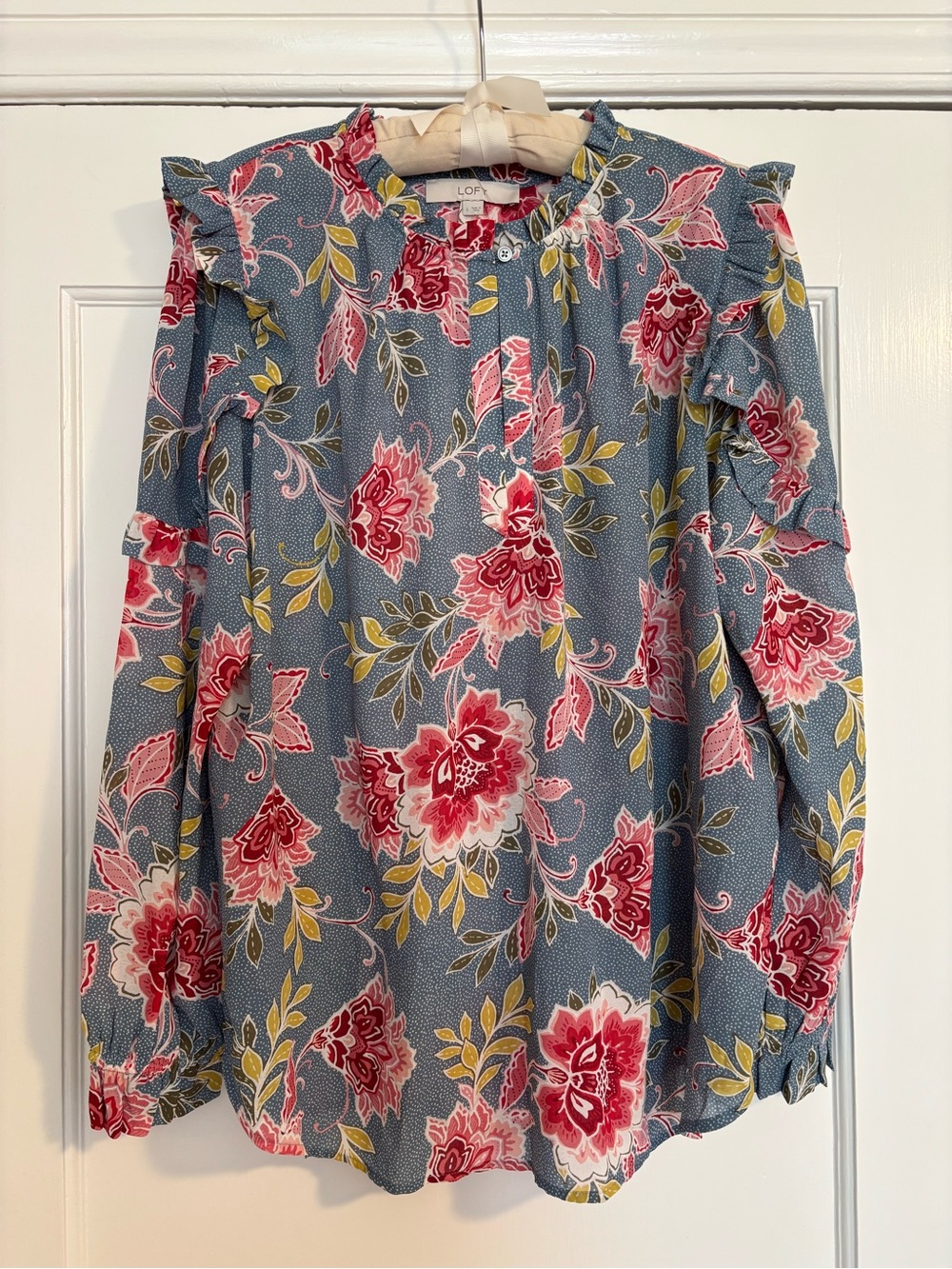 LOFT Blue Floral Ruffle Blouse with Pink and Red Blooms